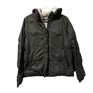 Eddie Bauer Women Size Medium Goose Down Puffer Jacket Green Full Zip Hooded